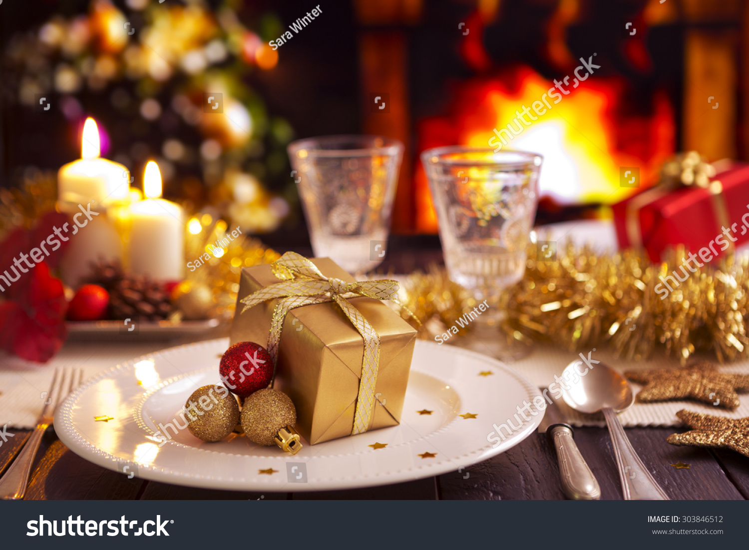  Romantic  Christmas  Dinner Table Setting Candles Stock 