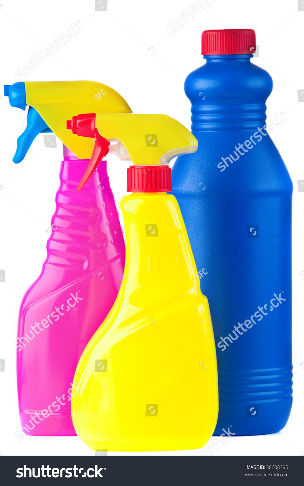 A Selection Of Colourful Bottles Of Cleaning Supplies Isolated On White ...