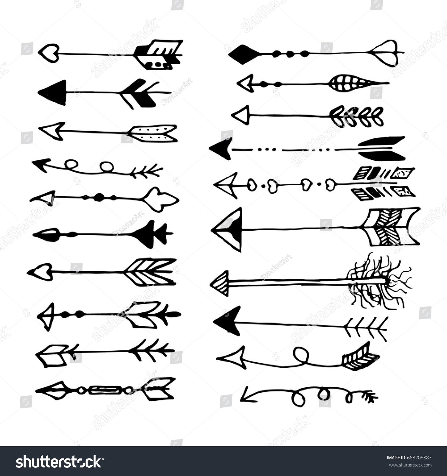 Set Doodles Vintage Arrows Arrows Drawn Stock Illustration 668205883