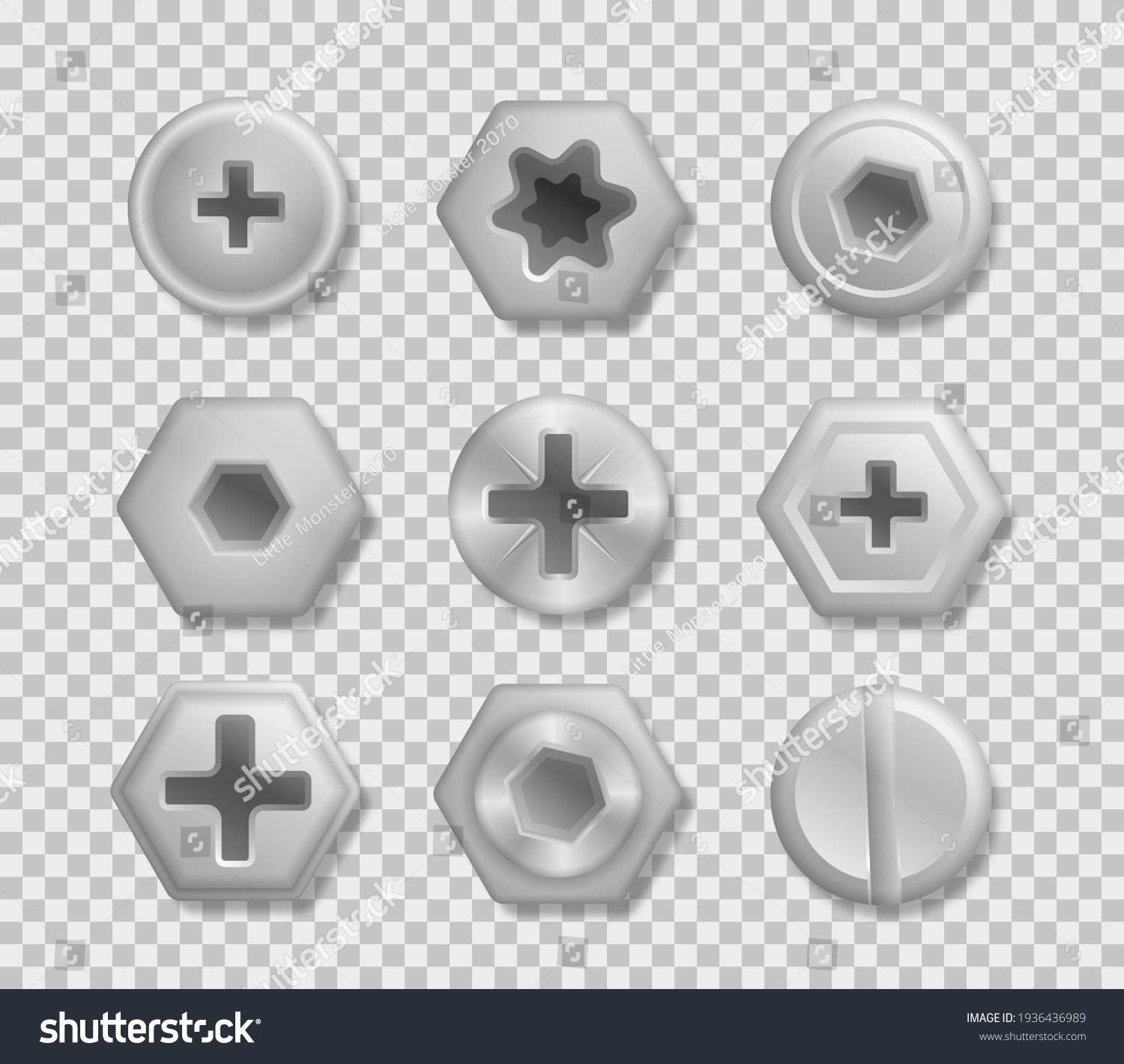 Set Metallic Shiny Screws Bolts Use Stock Illustration 1936436989