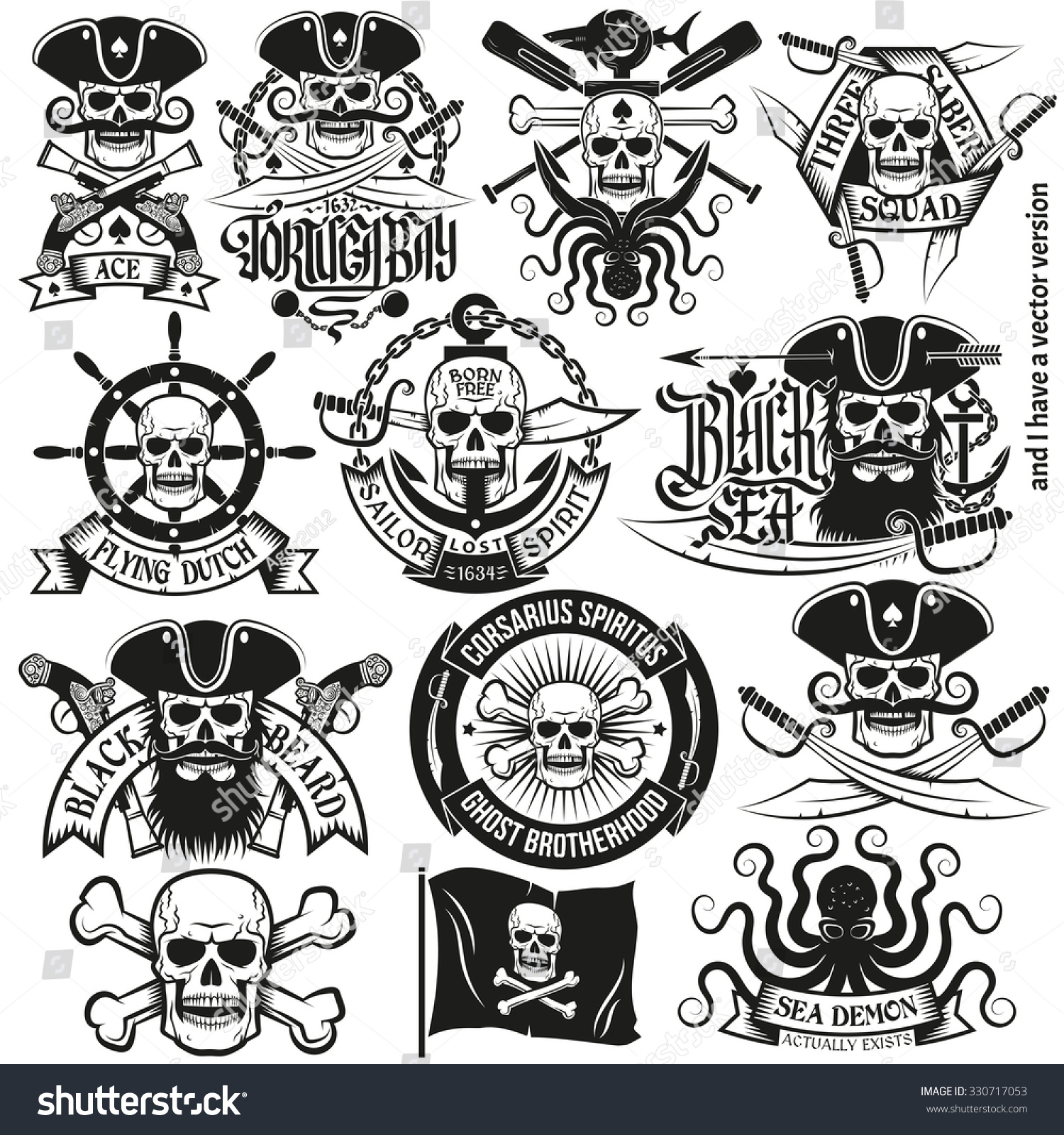 stock-photo-a-set-of-pirate-logo-with-skulls-bones-three-cornered-hat ...