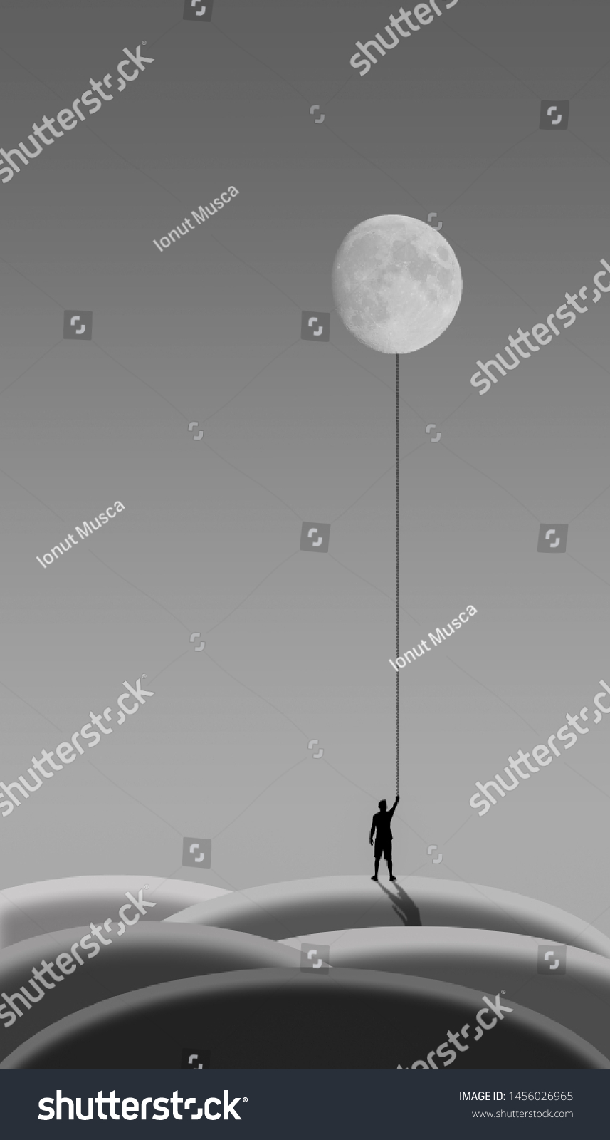 Silhouette Man Holding Moon Monochrome Illustration Stock Silhouette Man Holding Moon Monochrome Illustration Stock