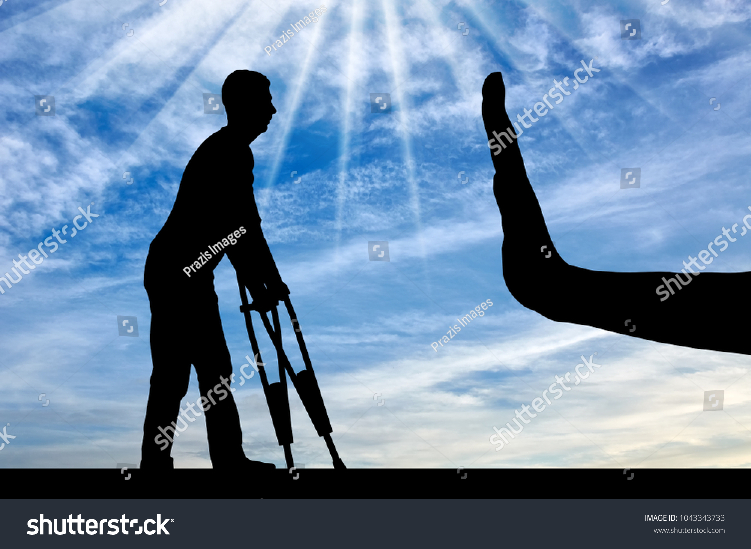 Silhouette Man Crutches Hand Gesture Stop 스톡 일러스트 1043343733