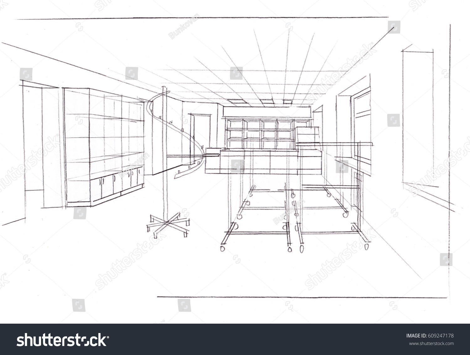 A sketch of the interior of a clothing store the pencil drawing black and