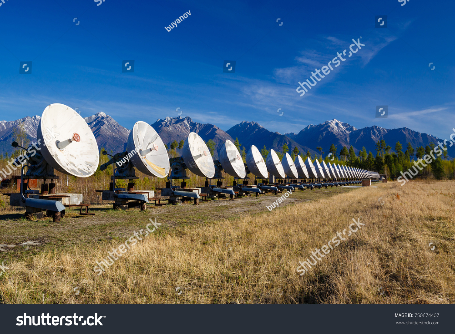 Solar Radio Telescope Against Background Mountains Stock Photo