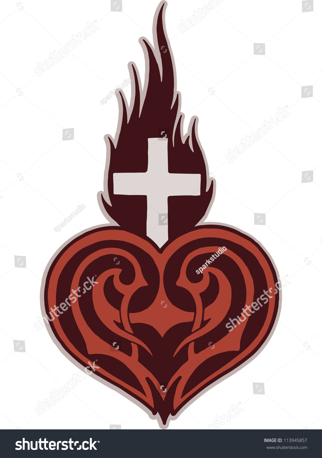 A Stencil Of A Heart With A Flaming Cross Upon It Stock Photo 113945857 ...