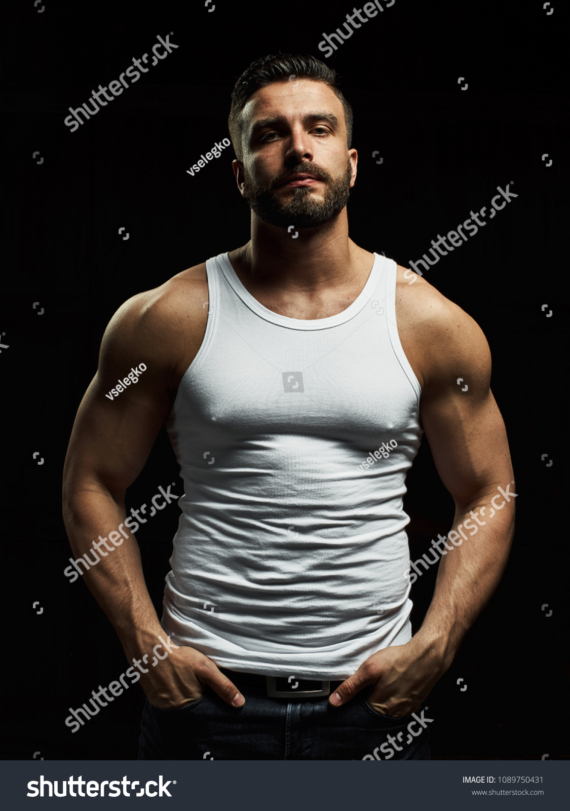 Strong Serious Muscular Man White Tshirt Stock Photo 1089750431 ...