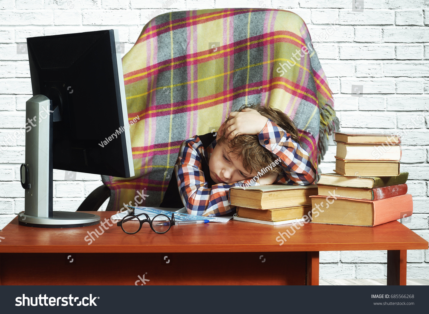 Tired Boy Computer Table Concept Preschool People Education