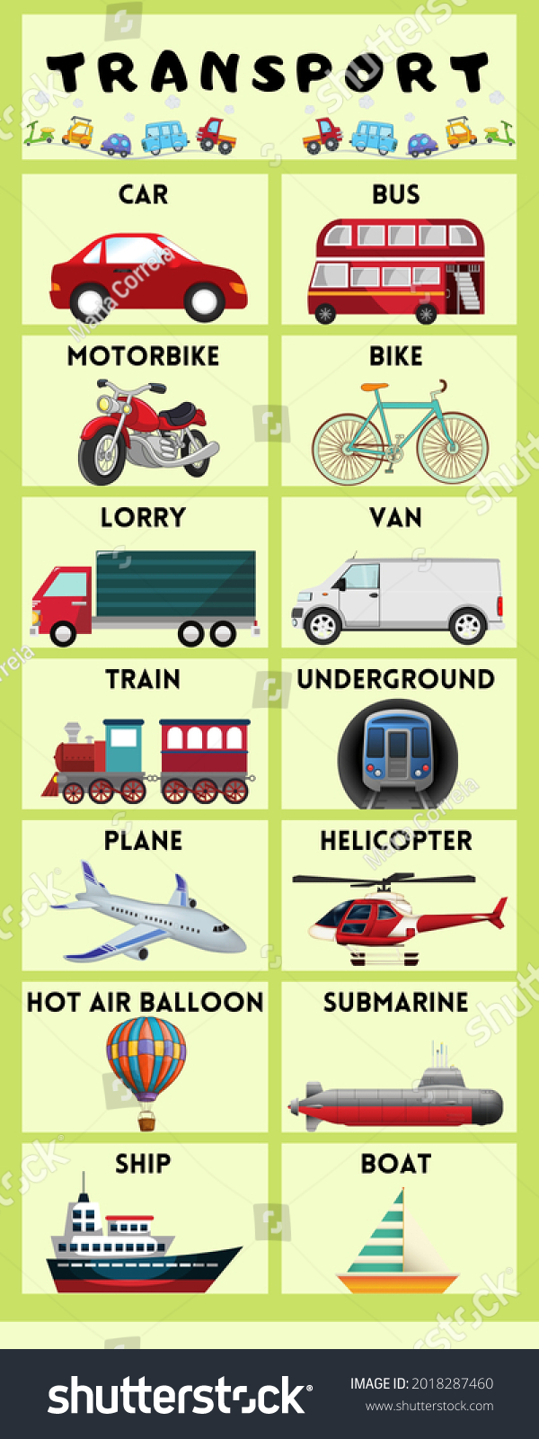 Transport Vocabulary Poster English Stock Illustration 2018287460