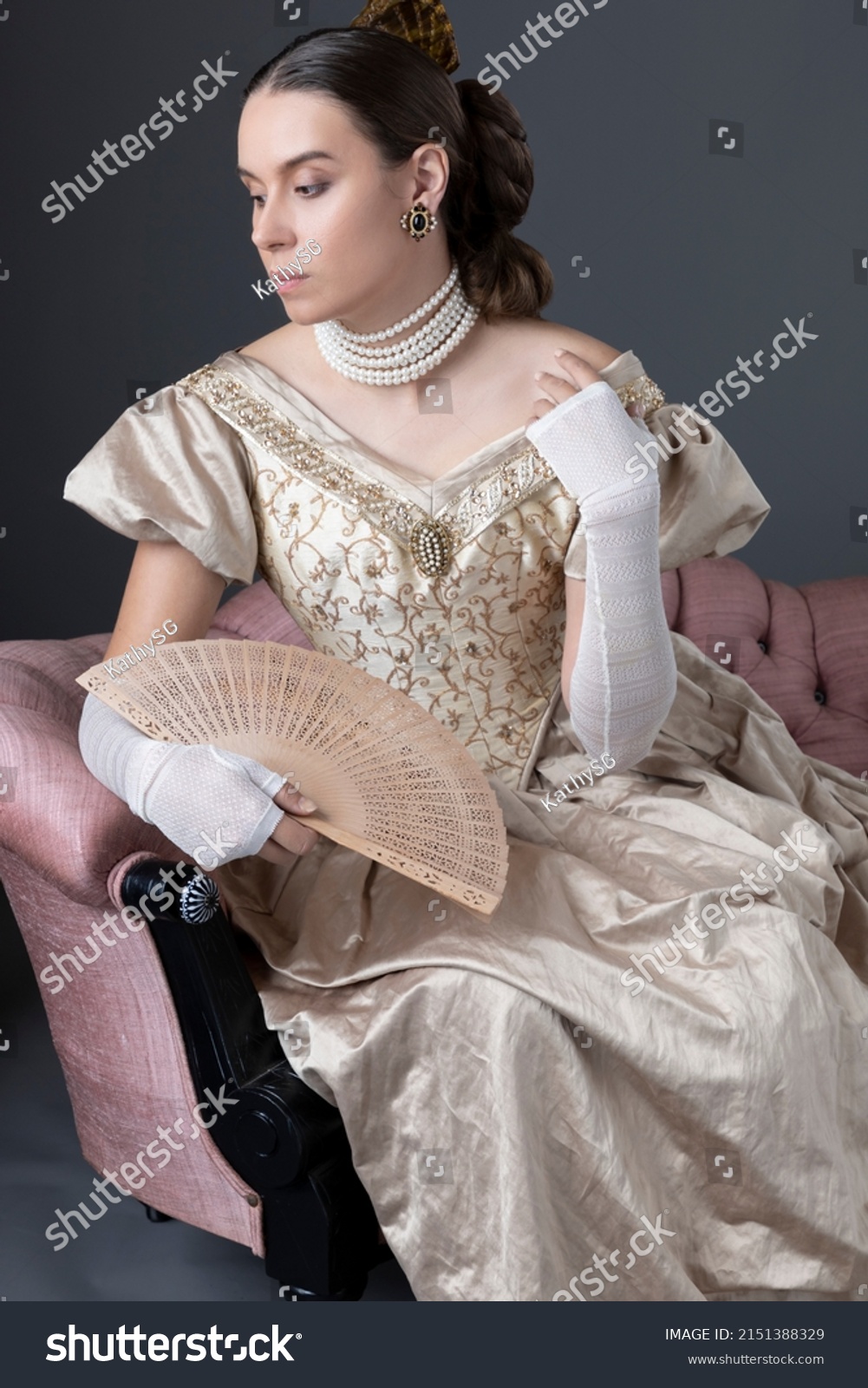 Victorian Woman Wearing Gold Ballgown Sitting Stock Photo 2151388329 ...