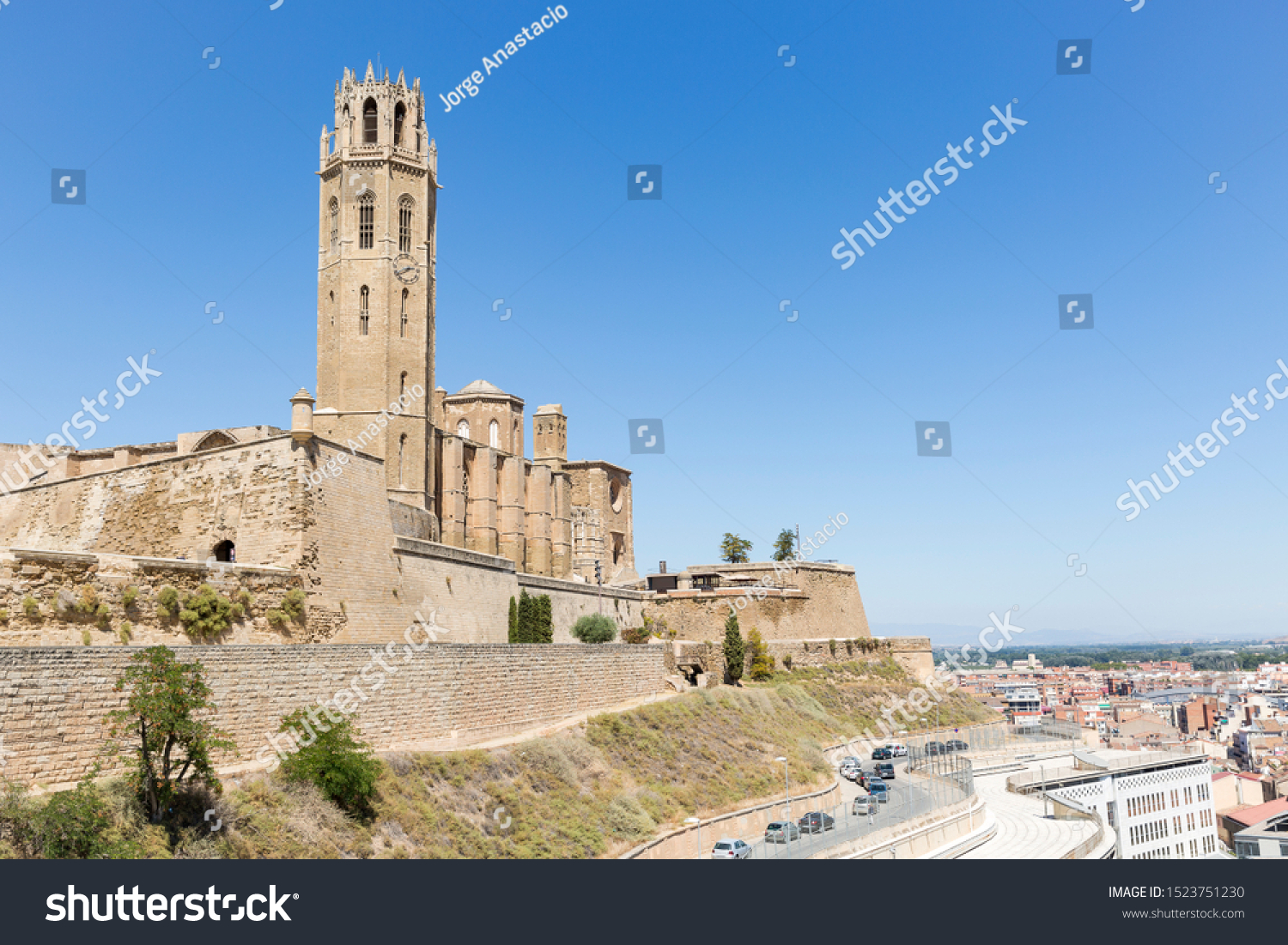 a view over Lleida city and the old Cathedral of St Mary of La Seu Vella, Catalonia, Spain