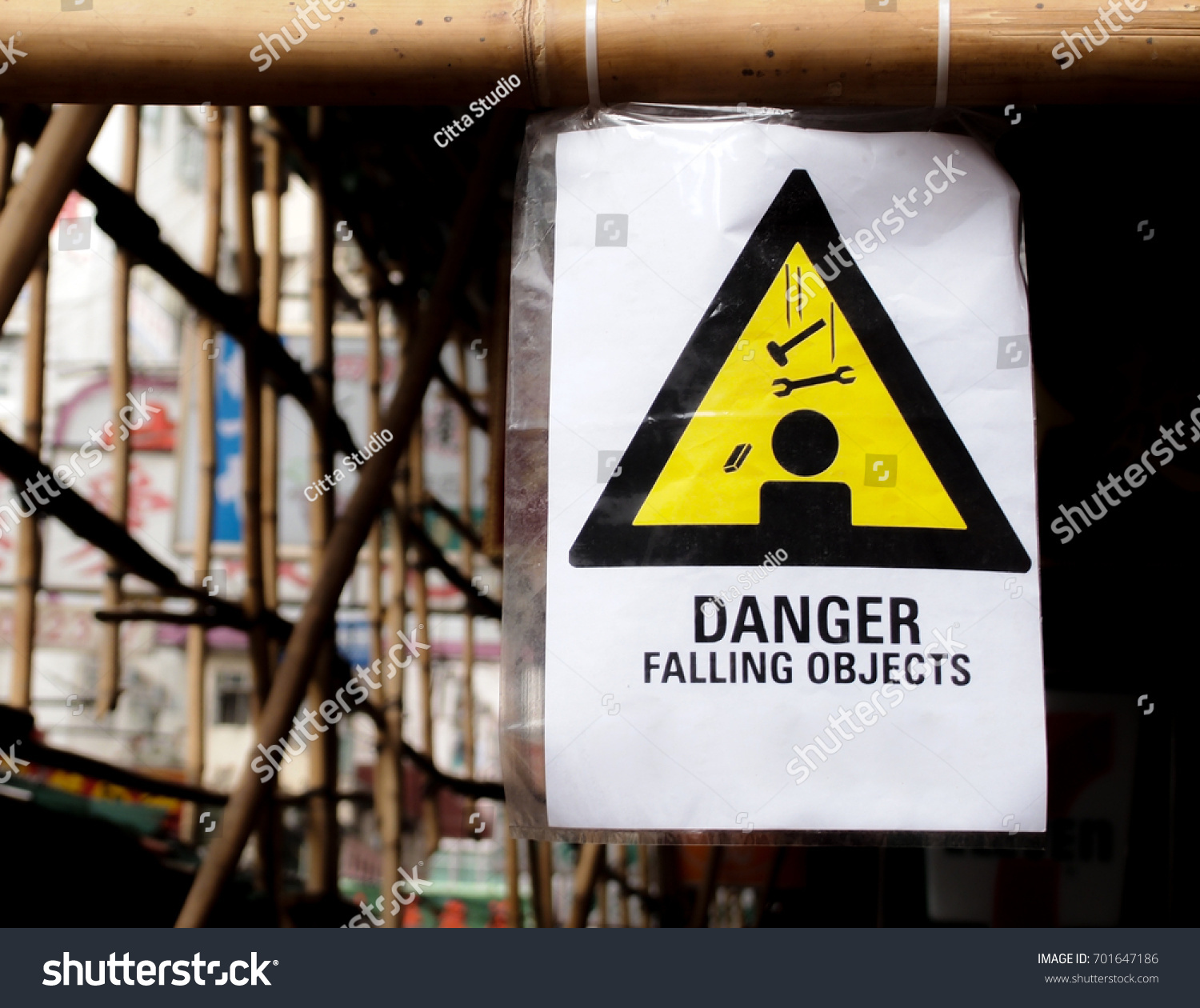 Warning Sign Hanging On Pole Construction Stock Photo 701647186