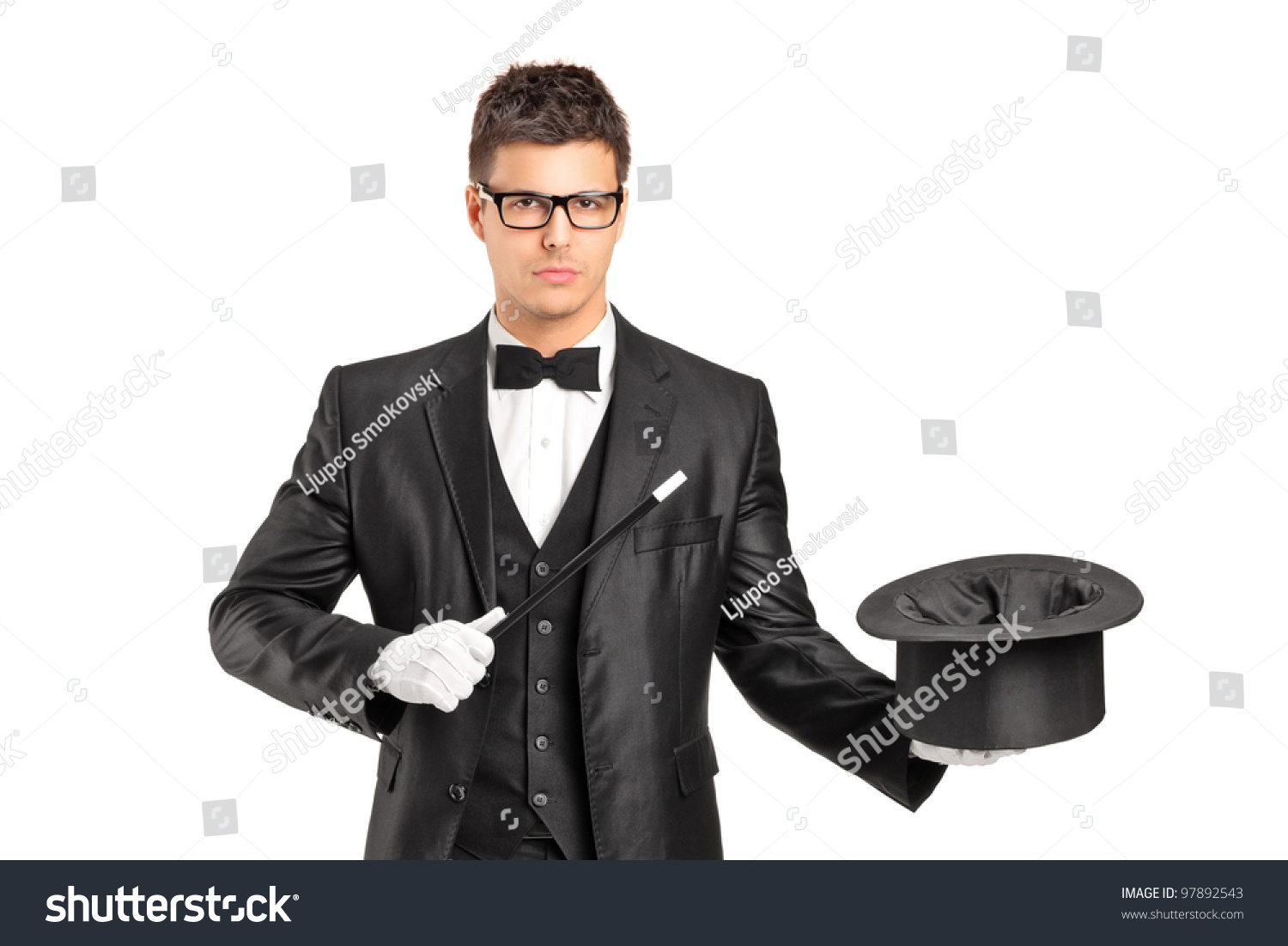 A Wizard Holding A Magic Wand And Empty Top Hat Isolated On White ...