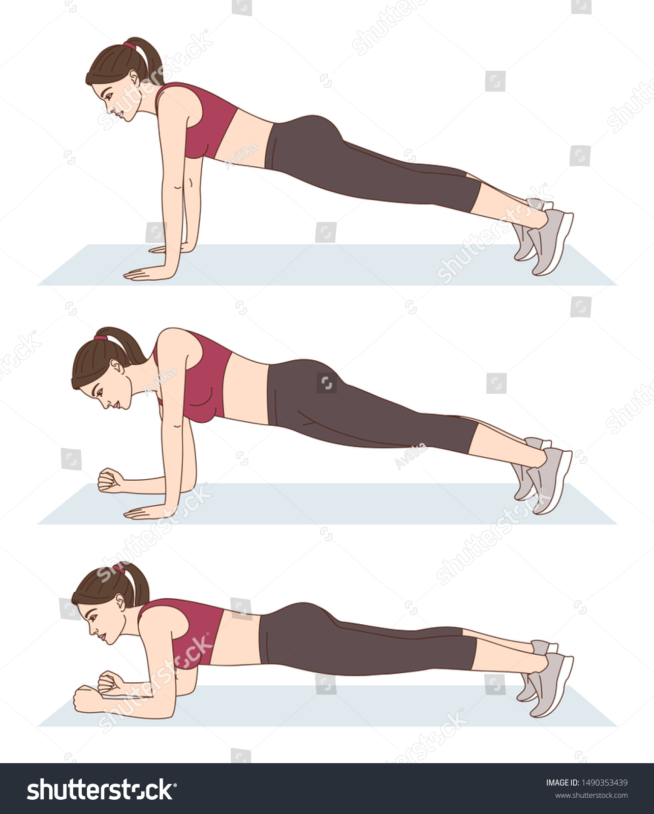 Woman Does Sports Exercises Down Planks Stock Illustration