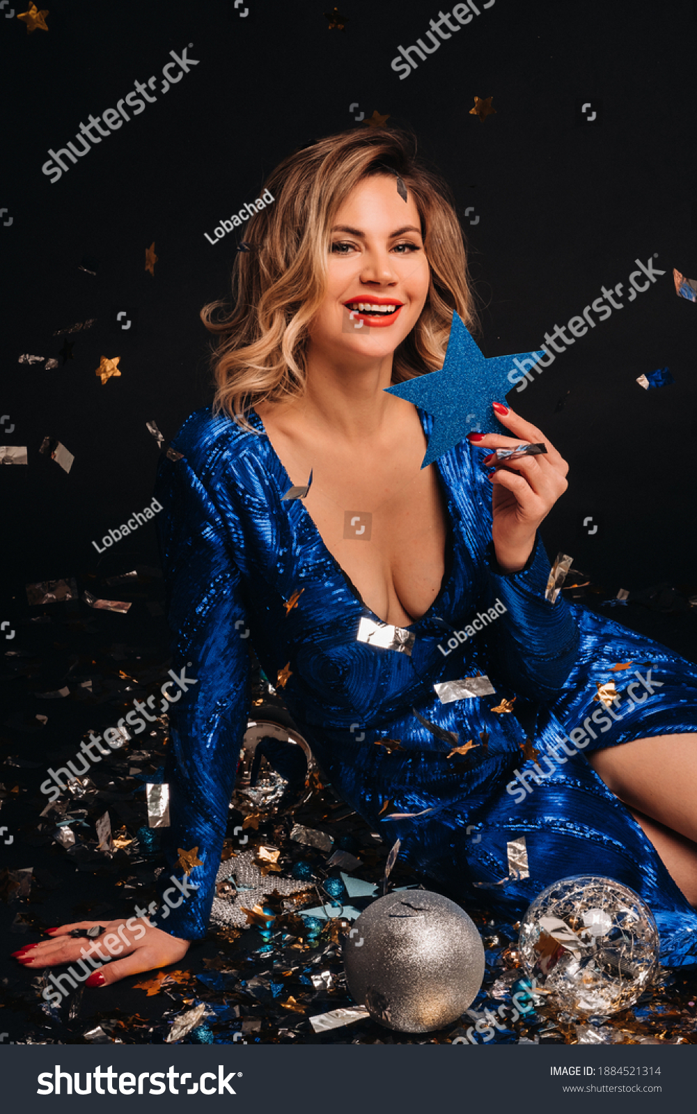 Woman Blue Sequined Dress Smiling Sitting Stock Photo Shutterstock