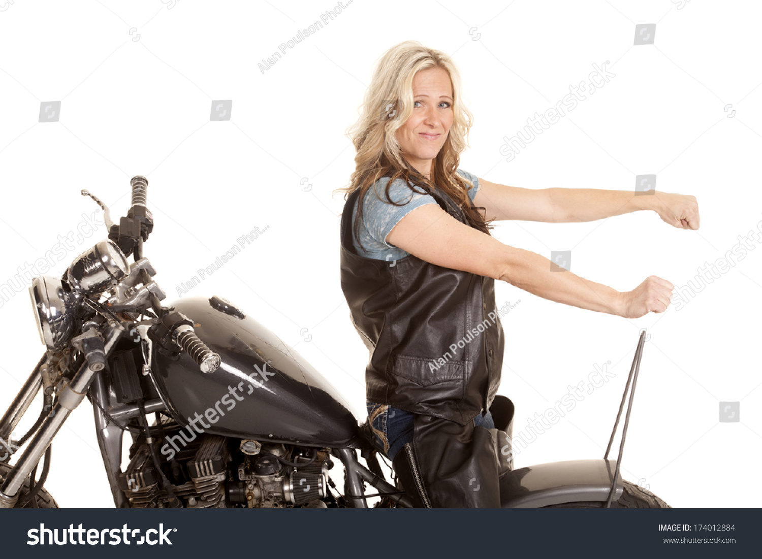 Woman Leather Sitting Backwards On Motorcycle Stock Photo 174012884 ...