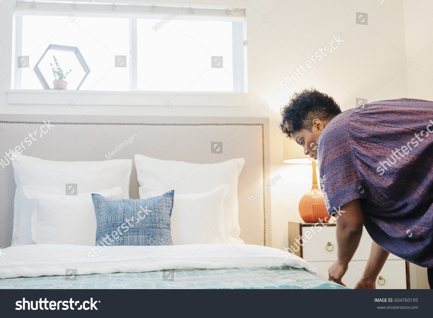 Woman Making Double Bed Sheets Pillows Stock Photo Edit Now