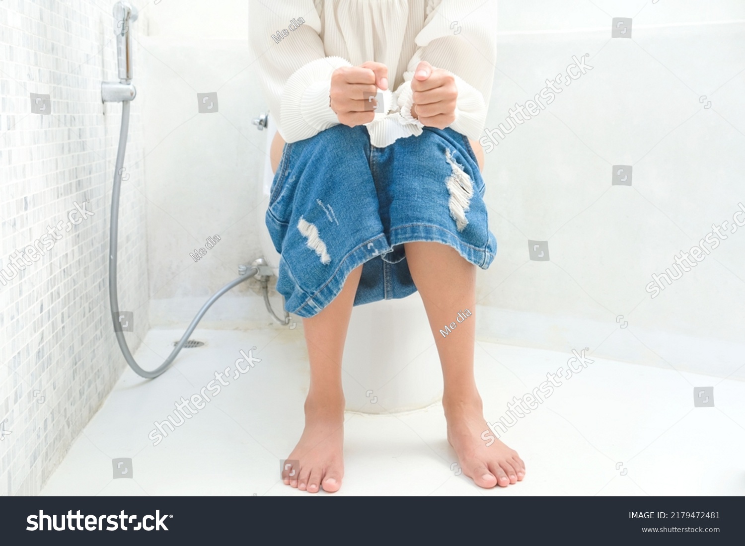 Woman Sits On Toilet Bowl Bathroom Stock Photo 2179472481 | Shutterstock