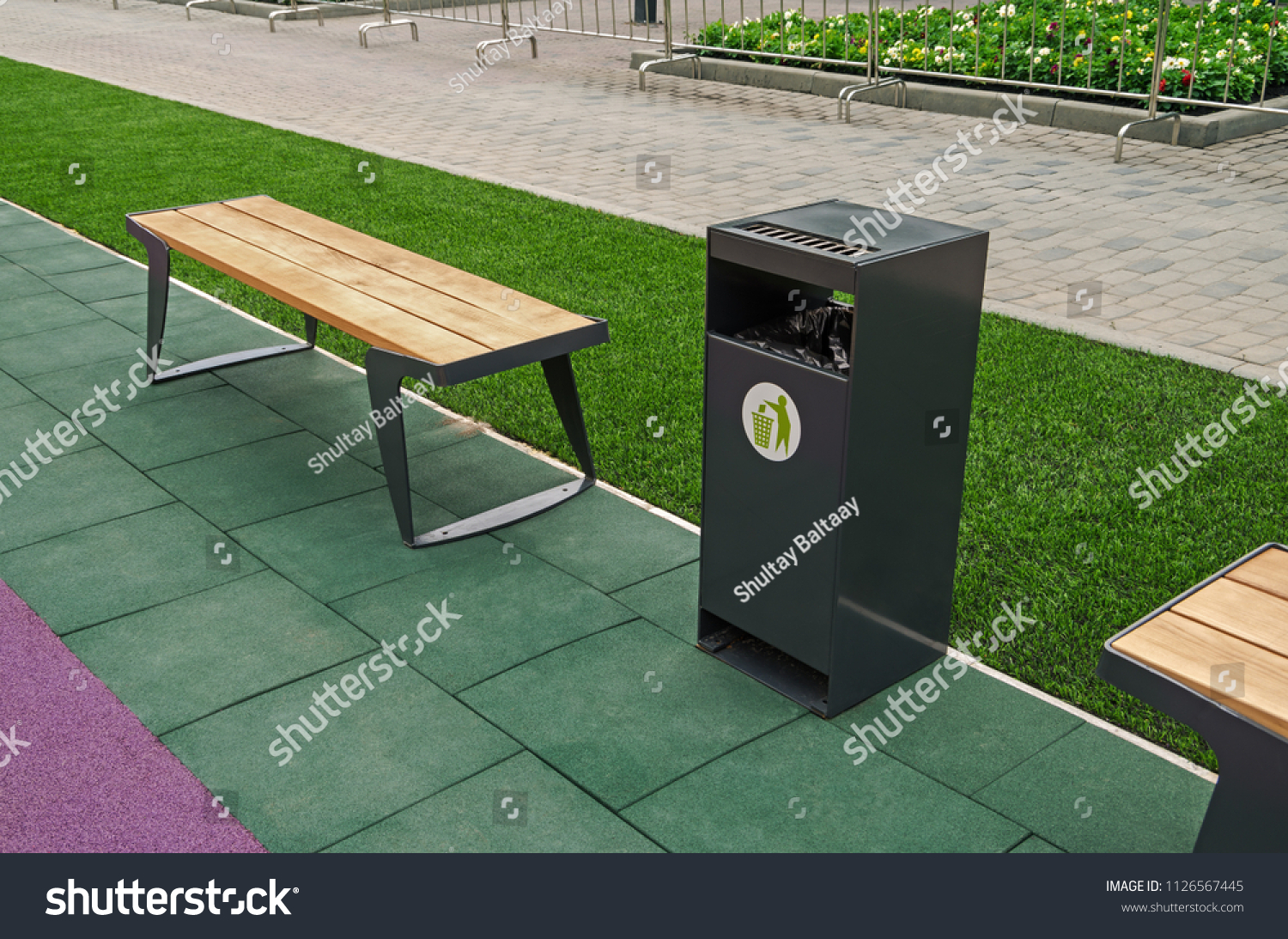 Wooden Bench Rest Garbage Bin Waste Stock Photo Edit Now 1126567445