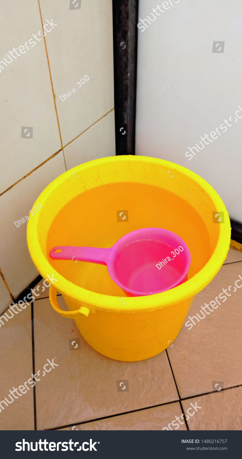Download Yellow Bucket Filled Water Pink Dipper Stock Photo Edit Now 1480216757 PSD Mockup Templates