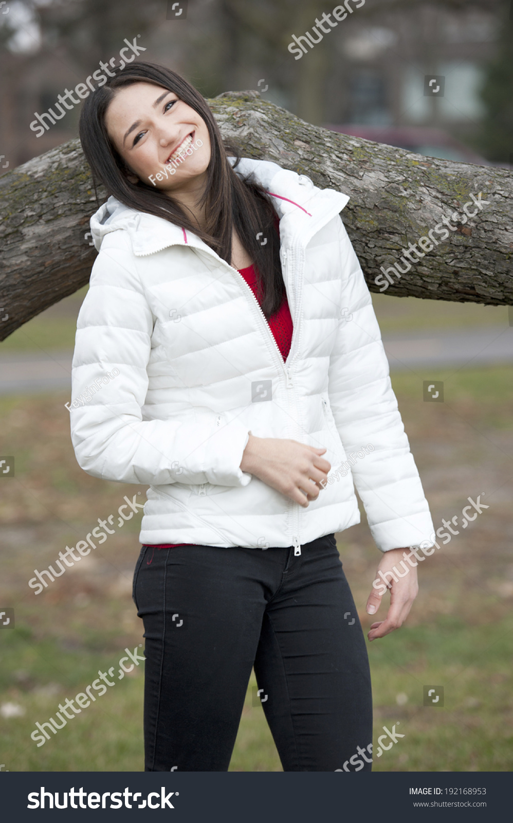 Young Happy Brunette Girl Wearing White Stock Photo Edit Now 192168953