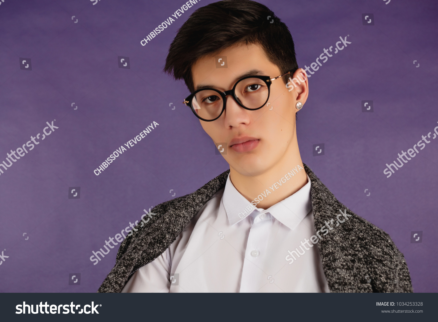 Young Asian Guy White Shirt Gray Stock Photo Edit Now 1034253328