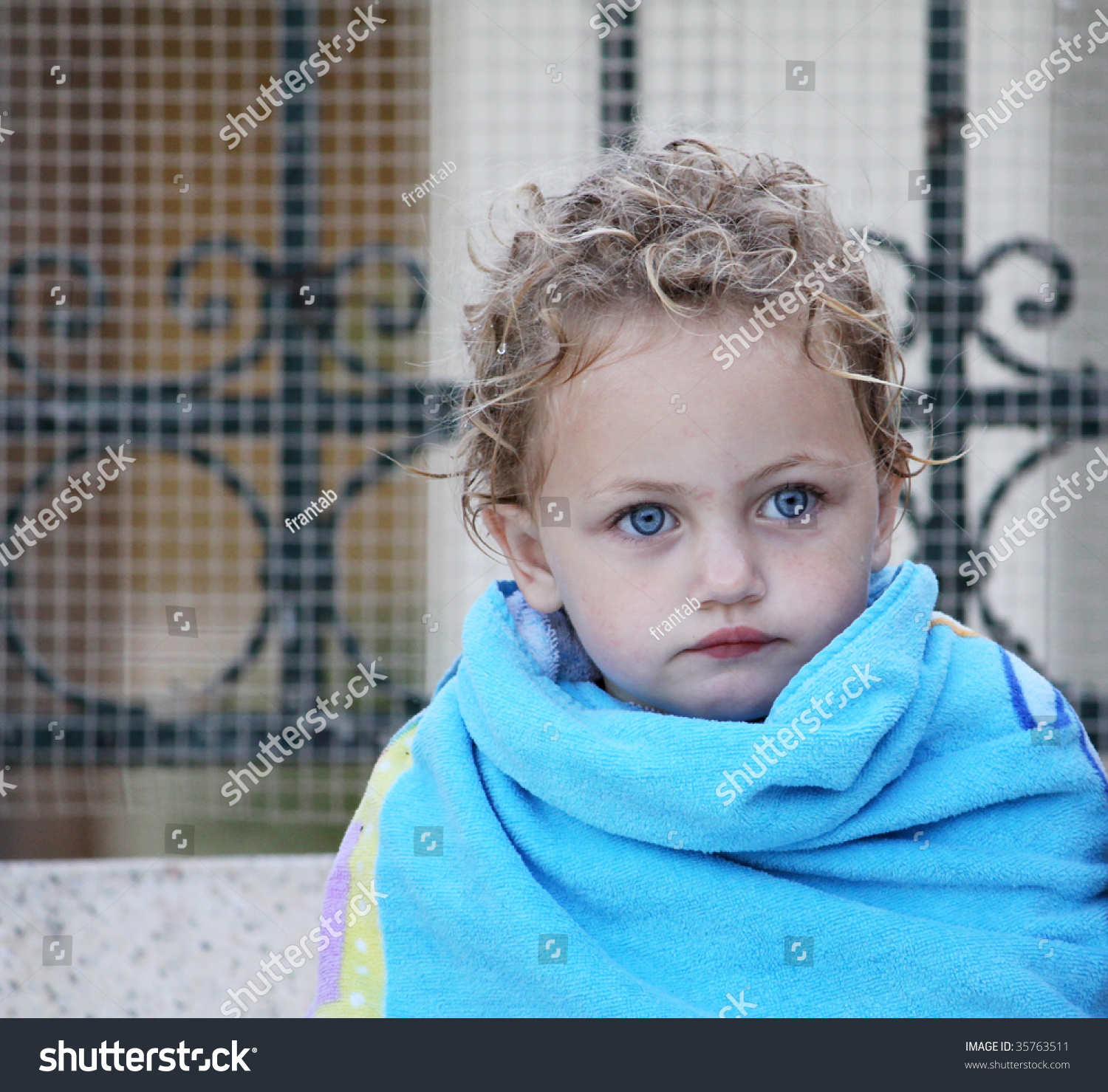 Young Caucasian Child Blonde Hair Blue Stock Photo 35763511