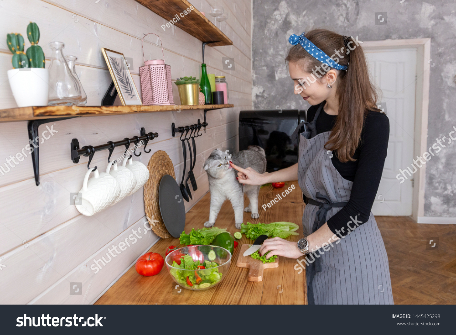 Young Woman Apron Her Cat Kitchen Stock Photo 1445425298 Shutterstock   Stock Photo A Young Woman In An Apron With Her Cat In The Kitchen Cooks The Spring Green Salad Summer Healthy 1445425298 