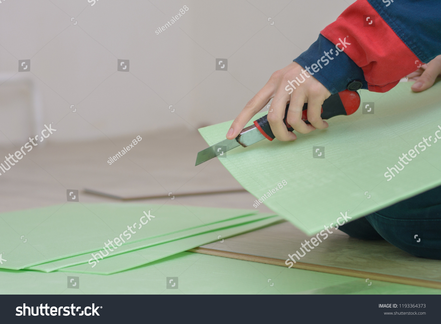 Young Woman Workwear Cuts Green Laminate Stock Photo Edit Now