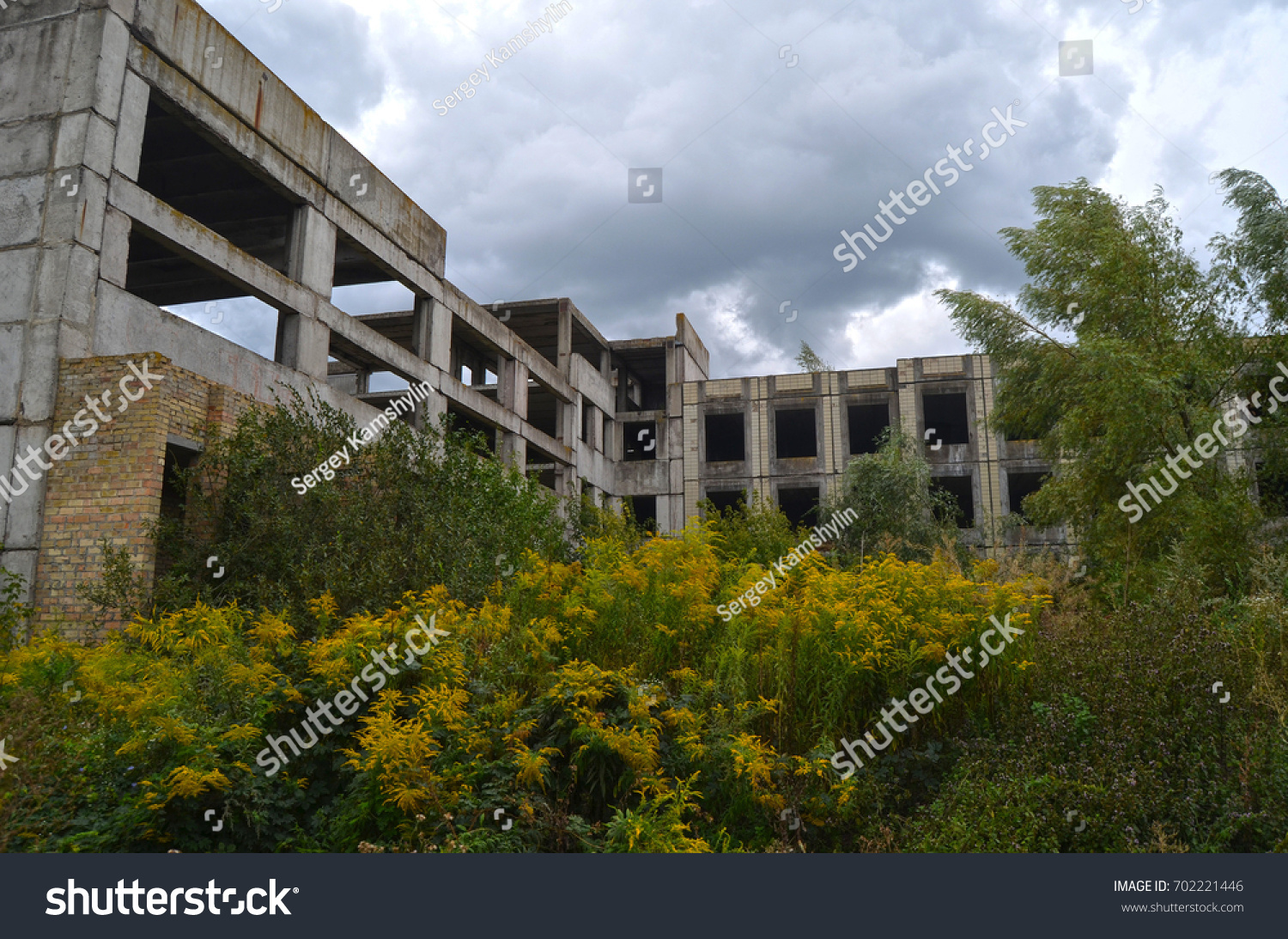 Abandoned Soviet school building construction site.Abandoned at 1991,during ukrainian undependence crisis.August 24, 2017.Near Kiev, Ukraine