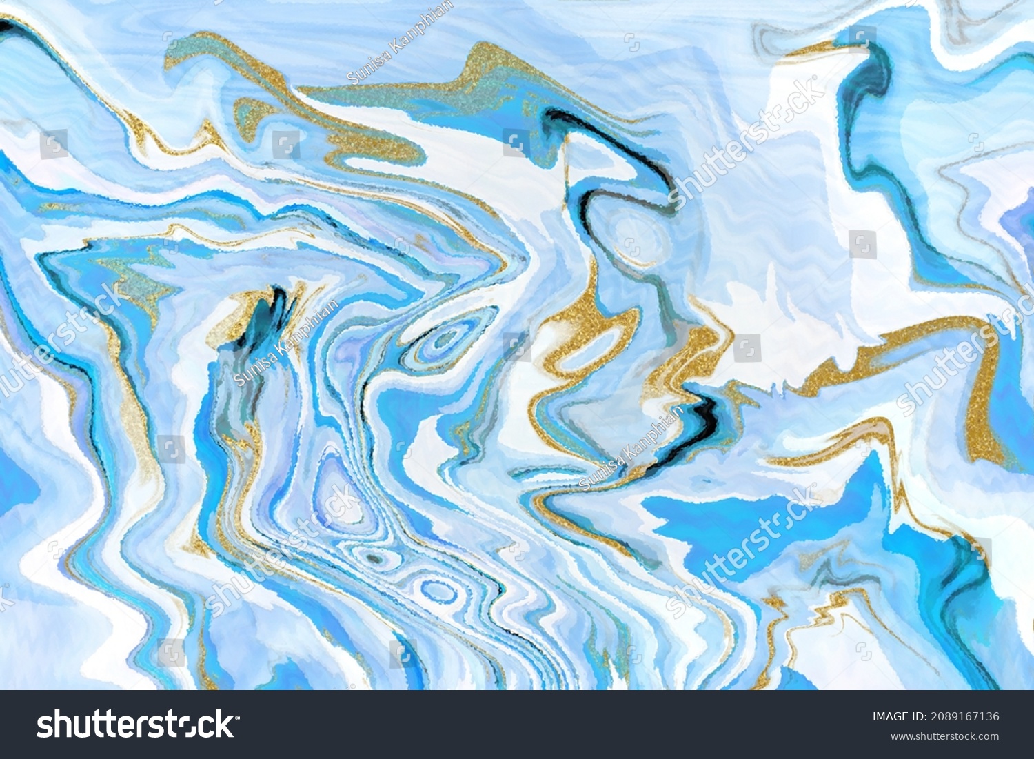 Abstract Background, Blue Marble With Gold Glitter Veins, Fake Stone