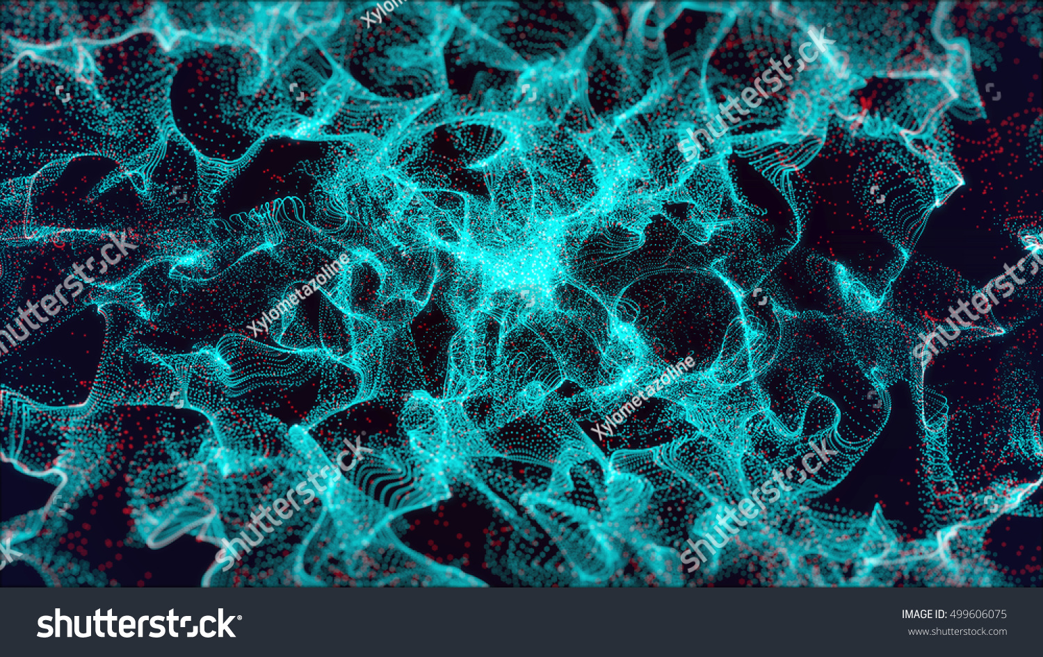 Abstract 3d rendering of chaotic blue particles dots explosion on the dark background. 