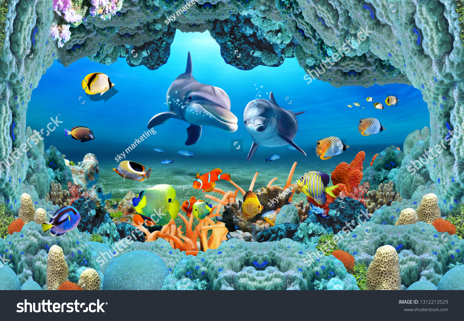 抽象的な魚水族館のイラストデザインと背景 のイラスト素材