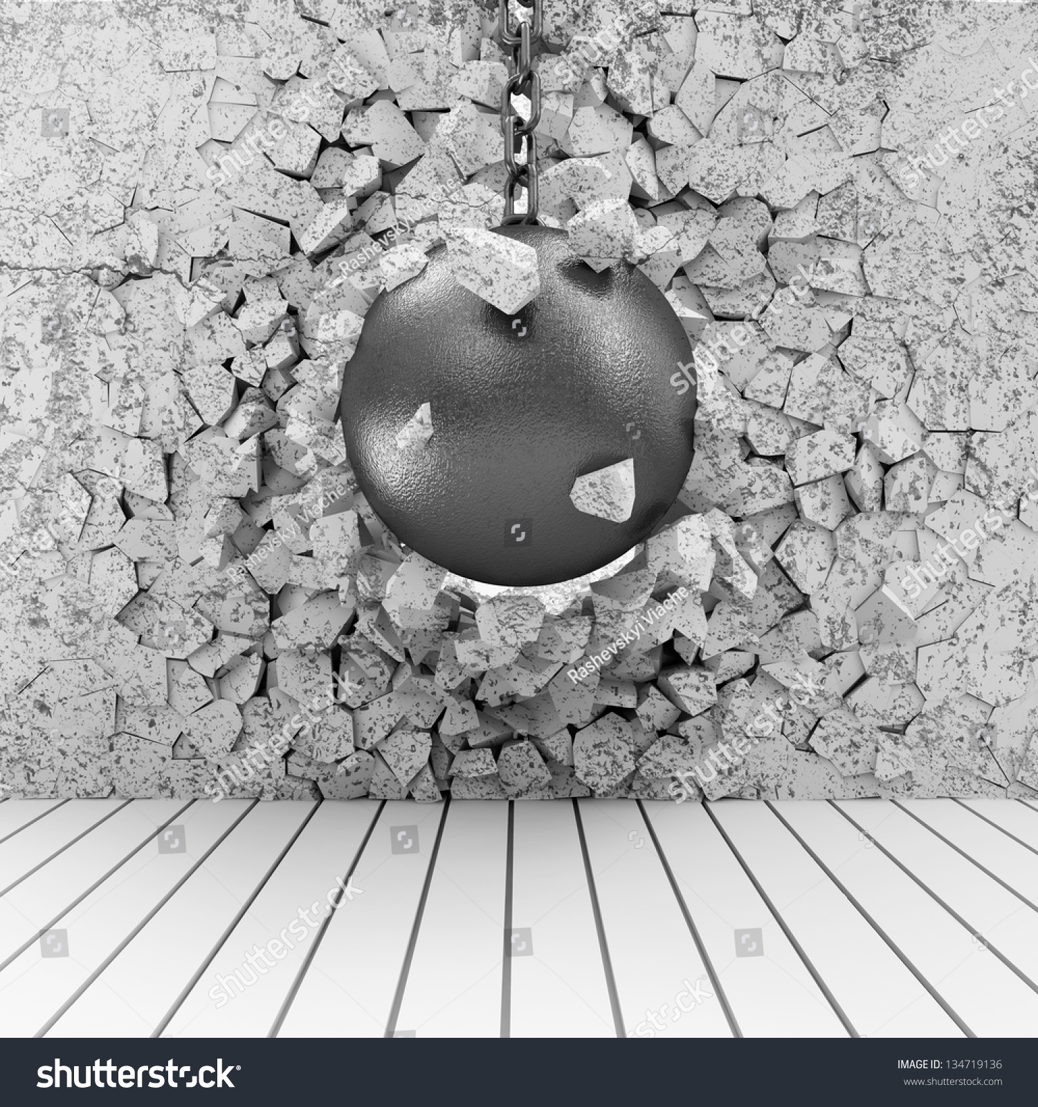 Abstract Illustration Of Concrete Wall Broken By Wrecking Ball ...