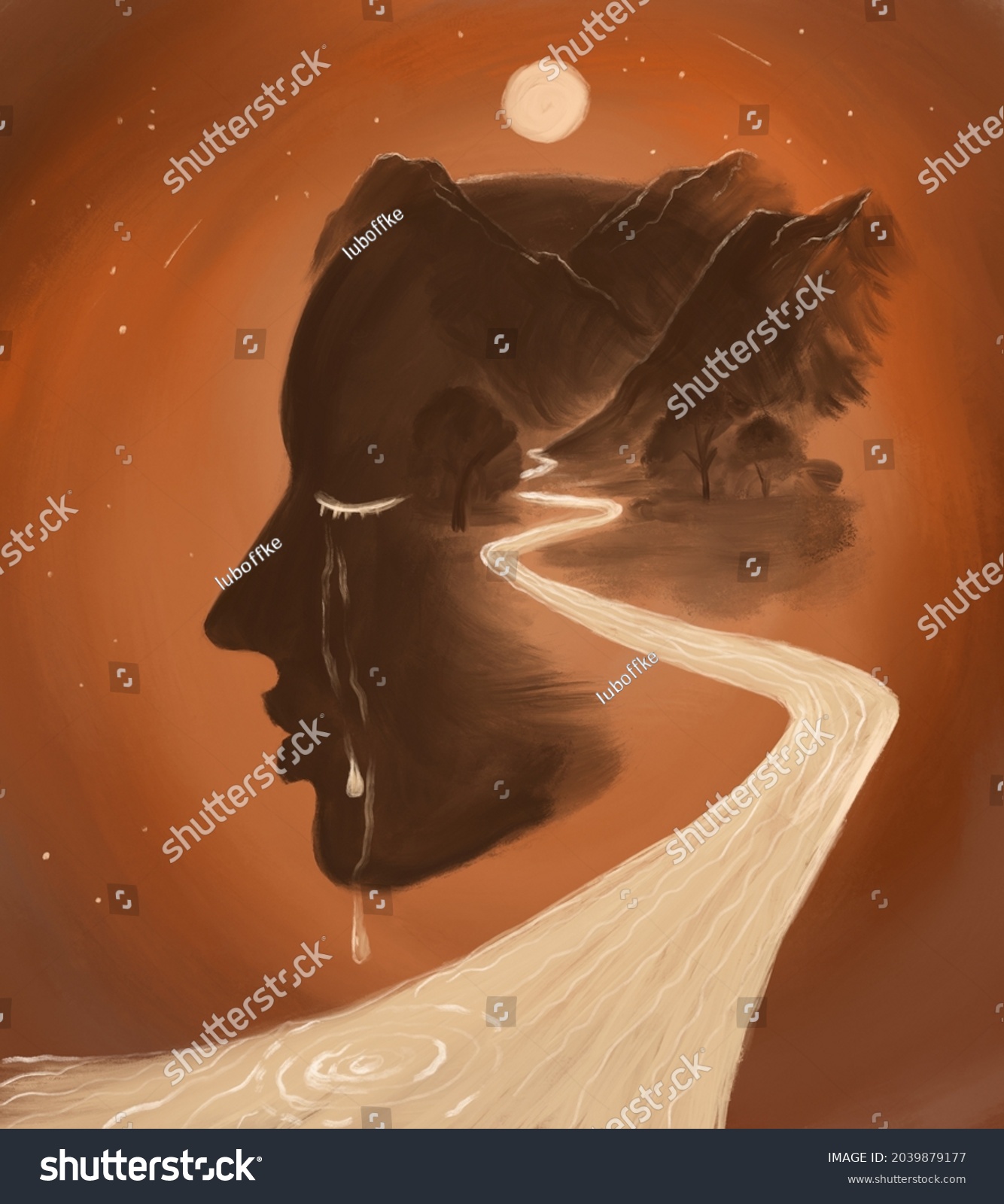 Abstract Portrait Symbolizing Depression Psychotherapy Profile   Stock Photo Abstract Portrait Symbolizing Depression And Psychotherapy Profile Of A Woman With A Road And Tears 2039879177 