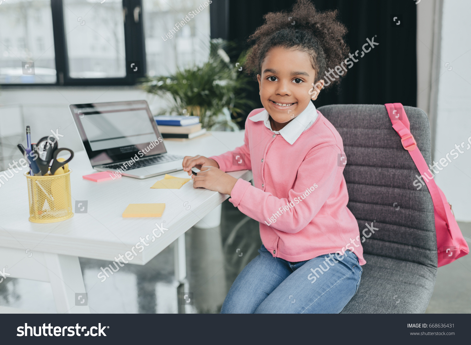 Adorable Little Girl Sitting Office Table Stock Photo 668636431 ...