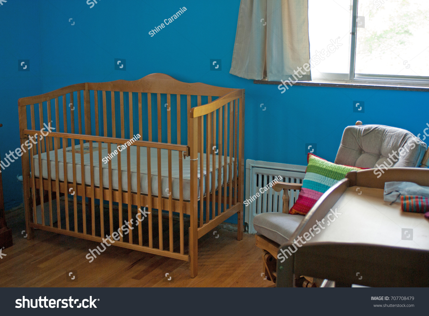 Adorable Nursery Hardwood Floors Wooden Crib Stock Photo