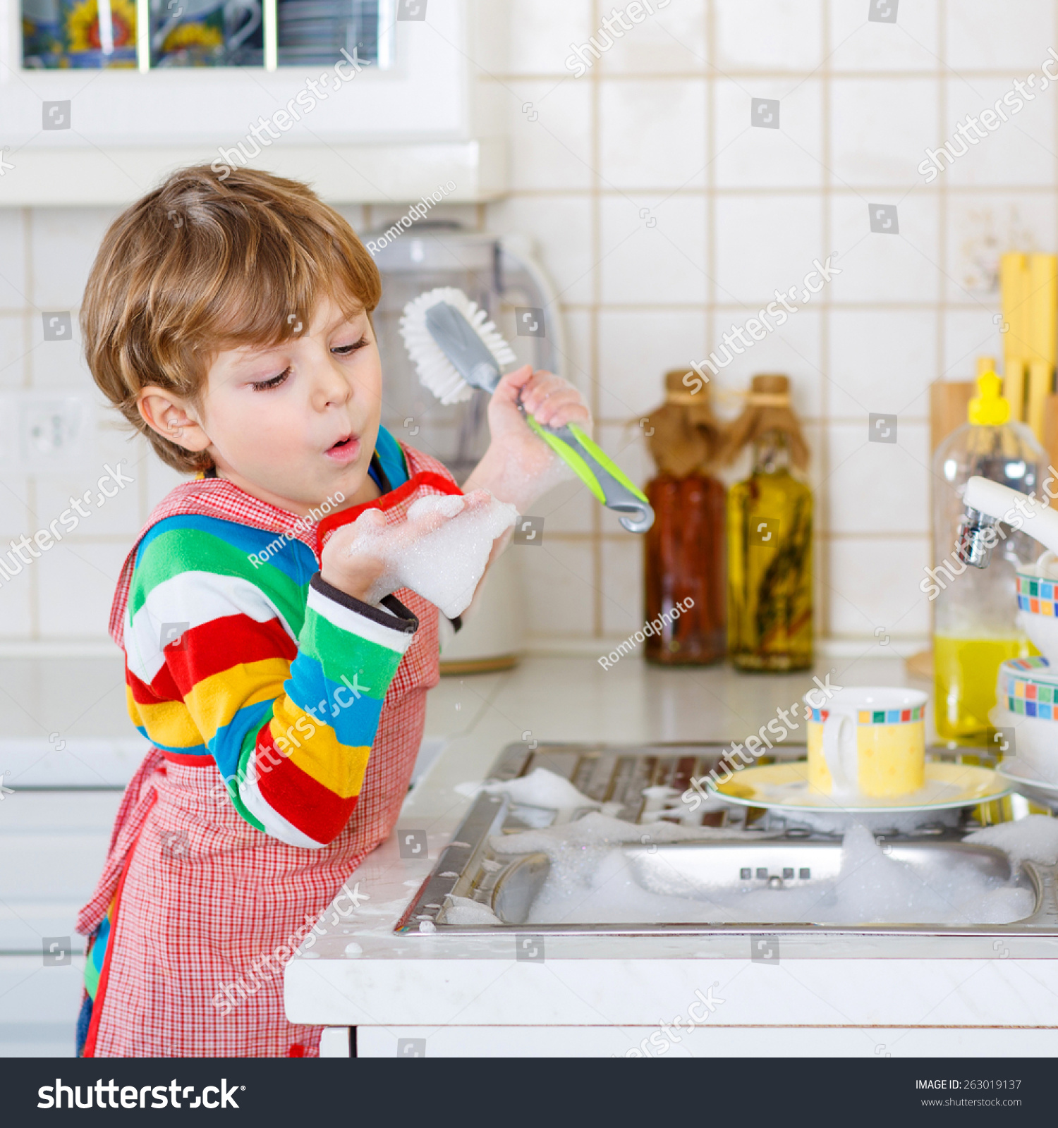 Adorable Toddler Child Washing Dishes Domestic Stock Photo 263019137 ...