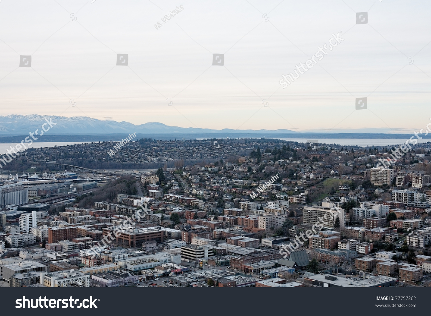 Aerial View Elliot Bay On Puget Sound, Overlooking The City Skyline Of ...