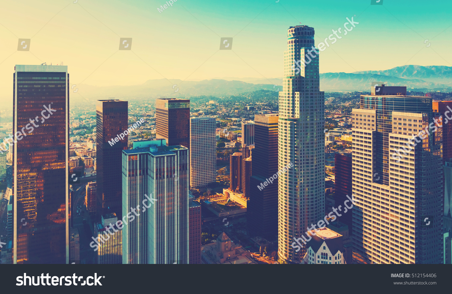 Aerial View Downtown Los Angeles Sunset Stock Photo (Edit Now) 512154406