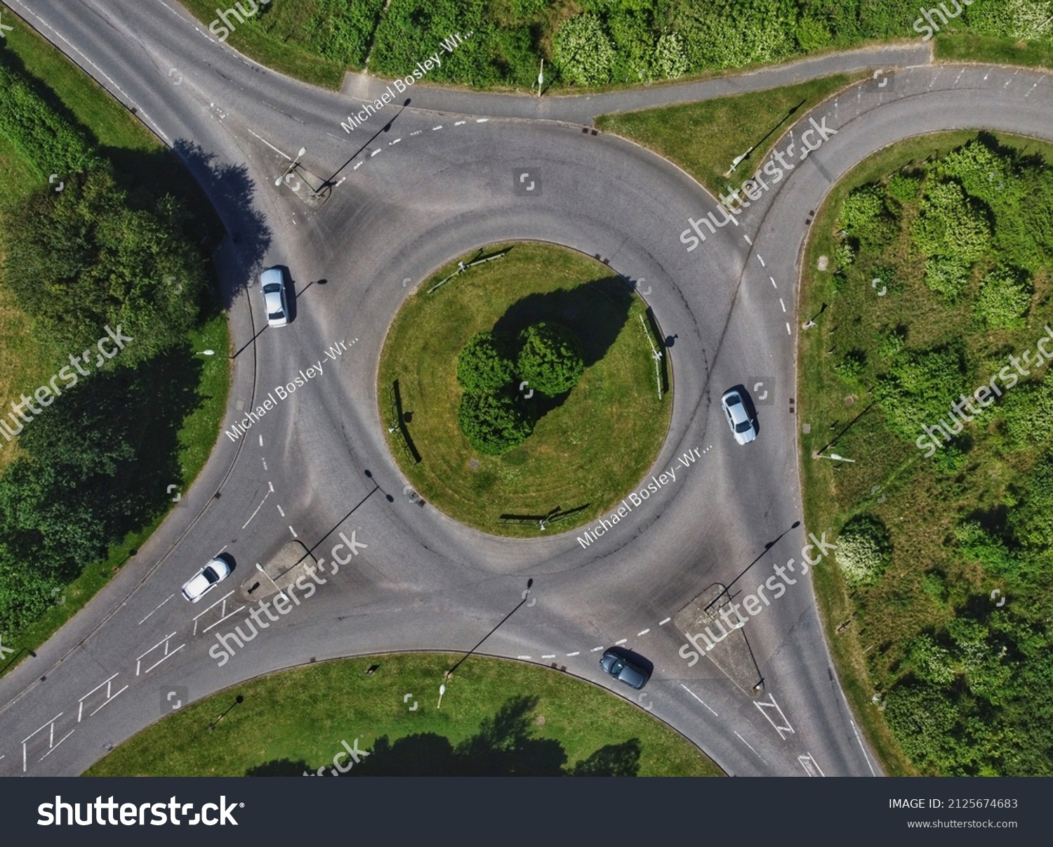 Aerial View Roundabout England Cars Trees Stock Photo 2125674683 ...