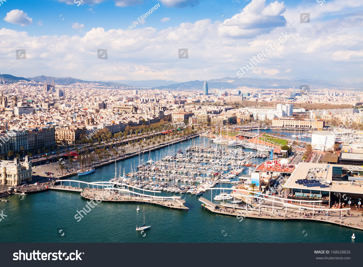 Aerial View Of Barcelona City With Port Vell In Cloudy Day.Spain Stock ...