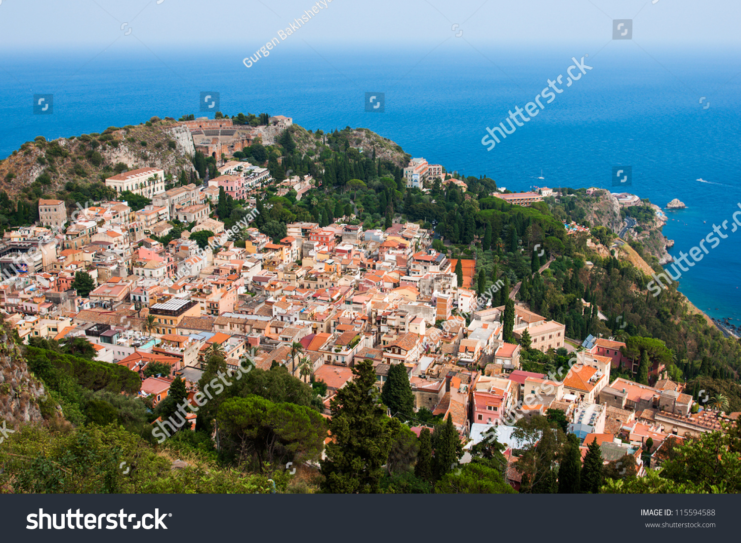 Aerial View Of The Taormina City, With The Ancient Greek Amphitheater ...