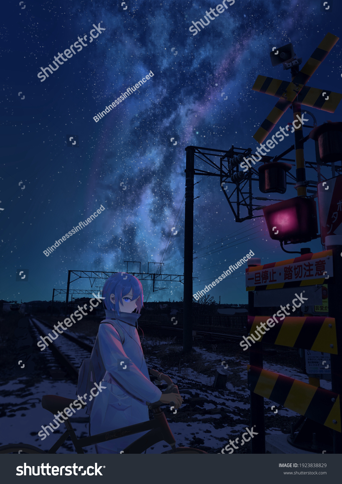 Aesthetic Illustration Anime Girl Crossing Railway Stock Illustration