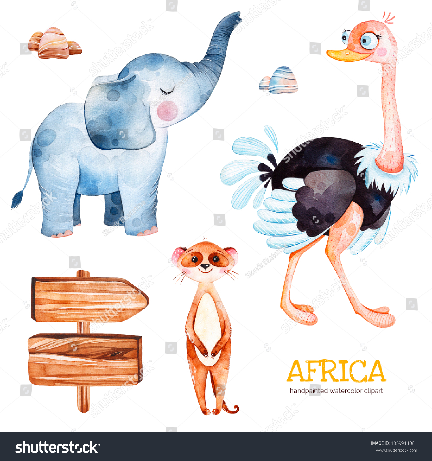 アフリカの水の色セット。ダチョウ、ゾウ、メアキャット、木の看板、石 