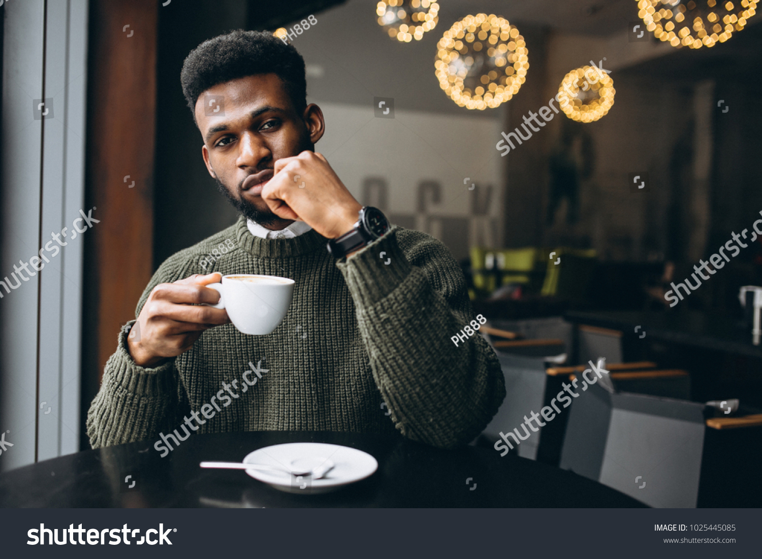 African American Man Drinking Coffee Cafe Stock Photo 1025445085 ...