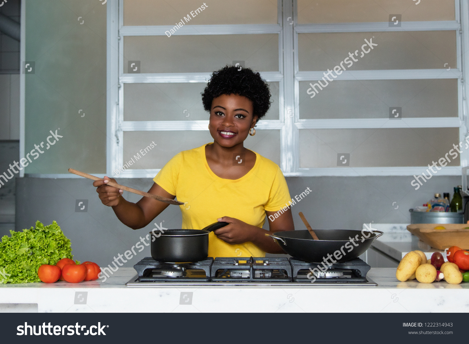 Black Women Kitchen Images Stock Photos Vectors Shutterstock   Stock Photo African American Woman Enjoys Cooking Healthy Food At Kitchen 1222314943 