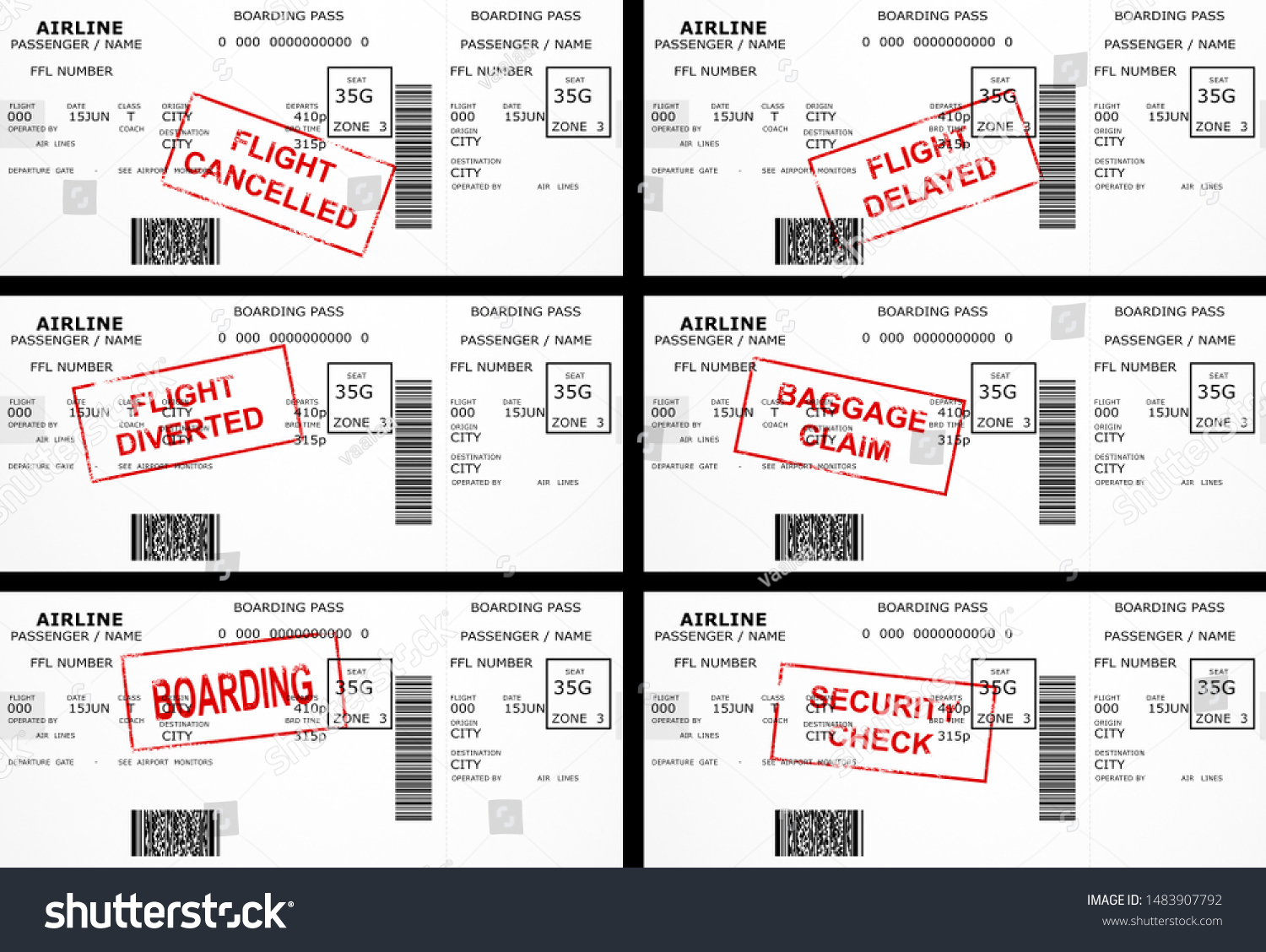 Ilustrasi Stok Airline Boarding Pass Paper Set Flight 1483907792 ...