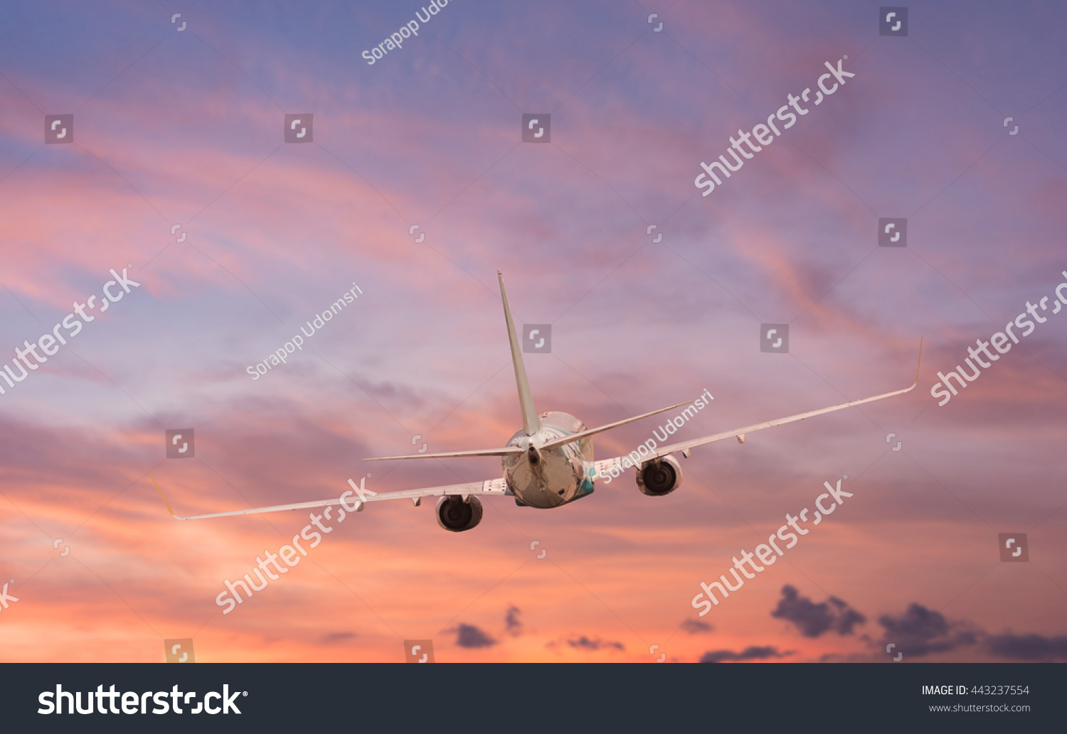 Airplane Aft Plane In The Sky At Sunset Sky Stock Photo 443237554 ...