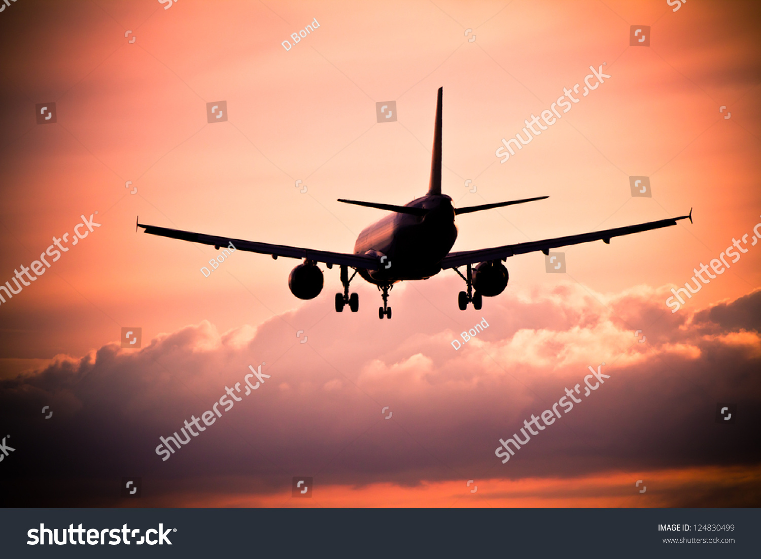 Airplane Landing At Sunset Stock Photo 124830499 : Shutterstock